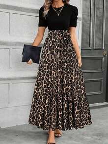Vestido de línea A de Keke Bloomly para mujer, elegante manga abullonada con detalle de lazo en la cintura, cuello redondo, lavable a máquina, casual y semi-formal, tela ligera, estampado de leopardo, para primavera y vacaciones de verano - Marrón - Ver 1