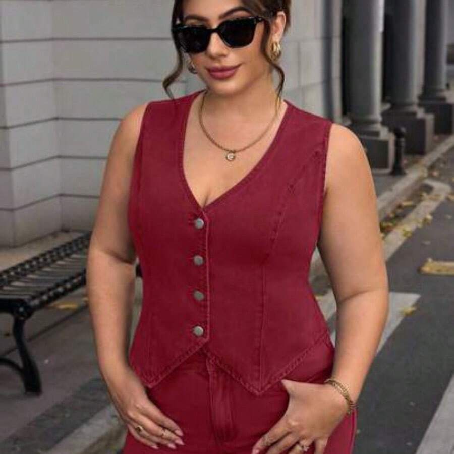Plus Size Sleeveless Denim Jacket, Simple And Fashionable For Casual Daily Wear - Burdeos - Ver 1