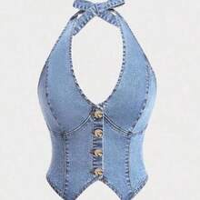 MOD Plus Size Summer Fashion Wash Oblique Pocket Halter Denim Blouse - Azul - Ver 1