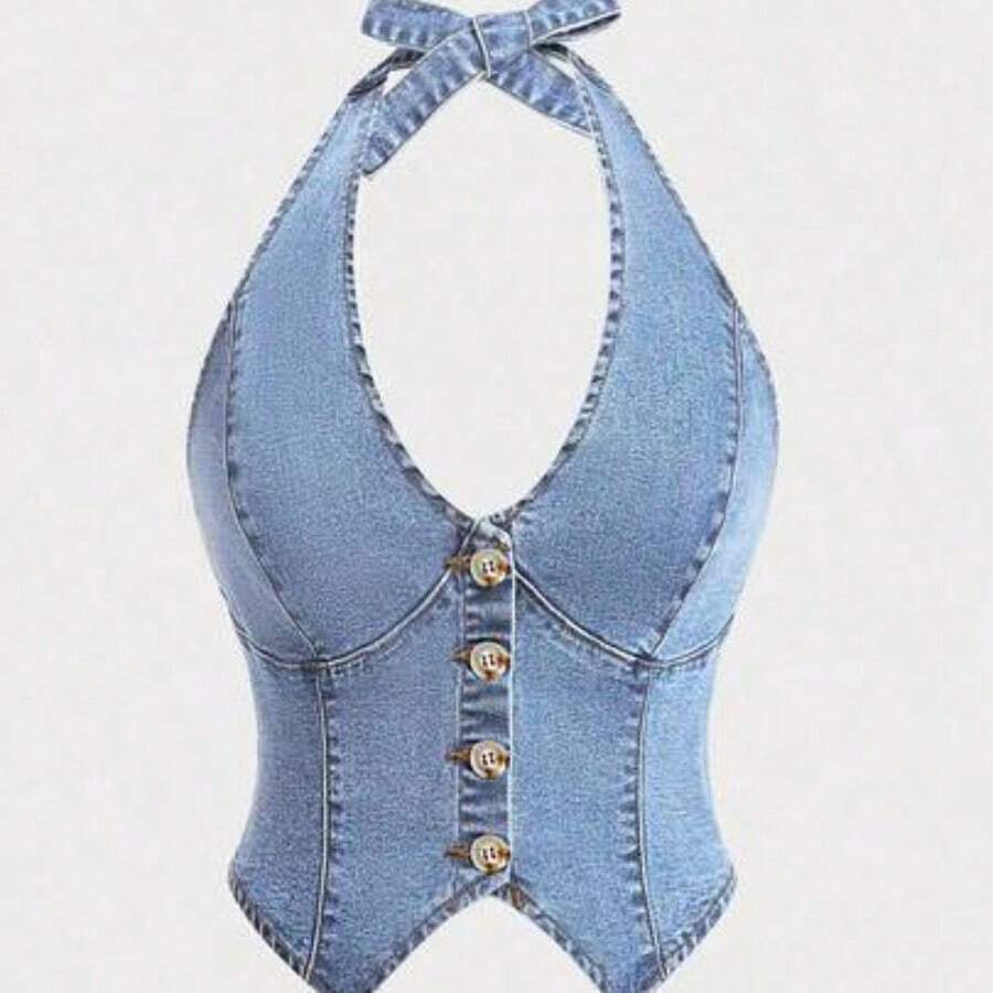 MOD Plus Size Summer Fashion Wash Oblique Pocket Halter Denim Blouse - Azul - Ver 1