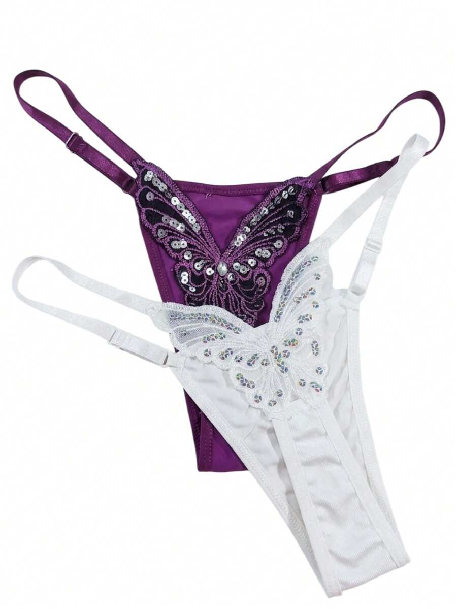 Butterfly Panties Kit 2 Microfiber Thong Lingerie Sexy Sensual Adjustable G-String - Blanco y morado - Ver 1
