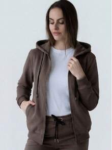 女款法式毛圈布連帽拉鍊運動衫，羅紋袖口與下擺收邊，尺寸 XS–10XL，適合春夏秋季穿著 - 巧克力棕 - View 1