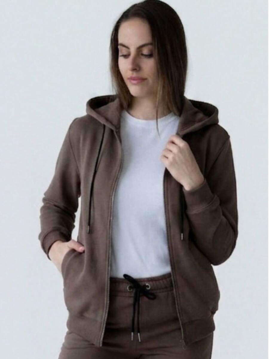 女款法式毛圈布連帽拉鍊運動衫,羅紋袖口與下擺收邊,尺寸 XS–10XL,適合春夏秋季穿著 - 巧克力棕 - View 1