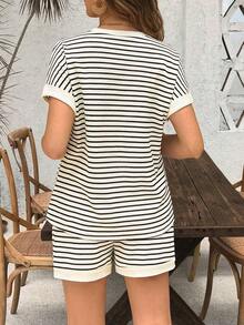 Conjunto de top de rayas con mangas cortas y pantalones cortos para maternidad - Multicolor - Ver 2