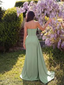 ADYCE Strapless Diamond Decor High Waist Long Slit Backless Maxi Evening Dress, Suitable For Wedding Guest, Graduation Ceremony, Formal Dinner, Party, Dubai Luxury Evening Gown - Mint Green - View 2