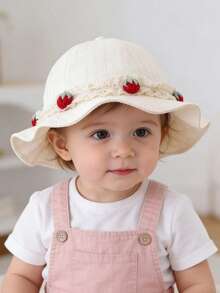1pc Toddler Girls' Strawberry Lace Sun Hat, Wide Brim Bucket Hat For Spring/Summer UV Protection, Cute Children Beach/Outdoor Daily Wear - 1PC - View 1