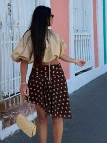 Women's Asymmetrical Hem Polka Dot Dress, Summer - Brown - View 7