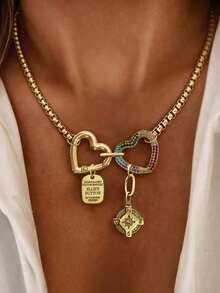 1pc Gold Heart Necklace With Letter Pendant And Compass Diamond Chain, Unique Luxury Style, Suitable For Women's Daily Work Decoration - Yellow Gold - View 10