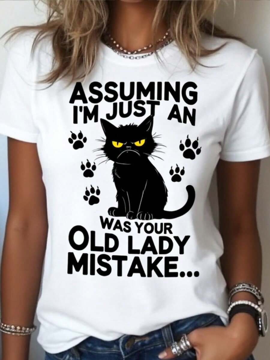 Mujeres divertido "Asumiendo que soólo una vieja dama" negro gato camiseta - blanco suelto-uste manga corta cuello tulado tee con Sy iendo y pata diseño de impresión, top de humor casual para tres de Halloween, regalos de Navidad (lavable en la máquina)