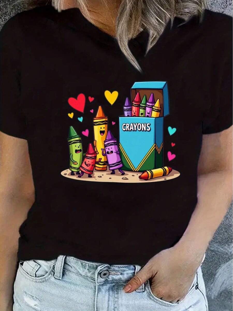 Camiseta de Mujer con Diseño Gráfico de Lápiz - Camiseta Casual de Cuello Redondo y Manga Corta, Estampado Colorido, Tela de Elasticidad Media, Perfecta para Primavera, Verano y Otoño. - Negro - Ver 1