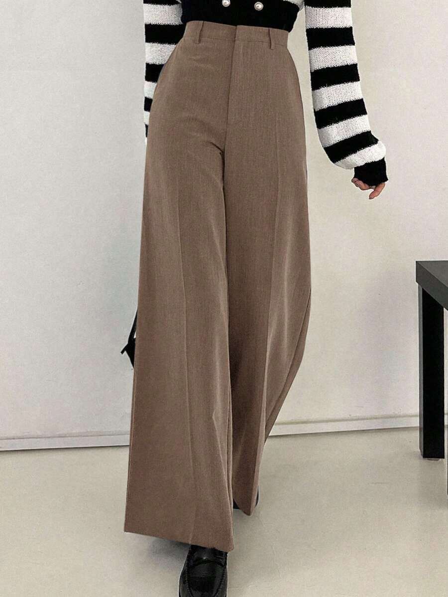Pantalones anchos de pierna ancha casuales de unicolor para mujer, pantalones de vestir para mujer - Caqui - Ver 1