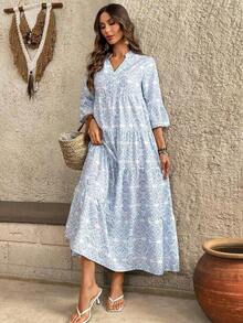 Vestido de vacaciones con mangas acampanadas y volantes en el bajo, unicolor para mujer, atuendos de vacaciones para mujer - Multicolor - Ver 6