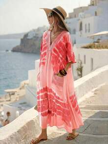 Vestido largo casual de mujer con estampado de teñido anudado, cuello en V verde, kimono de manga corta, bajo asimétrico, vestido de verano tipo kaftan para mujer, atuendo de playa, estilo mediterráneo, ropa bohemia - Rosa Pálido - Ver 5