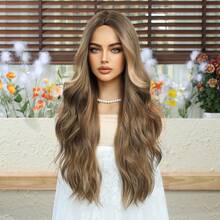 [Velvet Locks]Peluca Lolita Negra para Mujeres, Peluca Larga con Ondas Corporales, Peluca Sintética Resistente al Calor, Peluca Rizada de 28 Pulgadas/70cm con Flequillo, Peluca de Cosplay para Uso Diario y Fiestas - Caqui - Ver 6