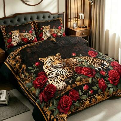 3Pcs Luxury Vintage Baroque Leopard & Red Rose Duvet Cover Set ,Pillow Cover Pattern Is Random ,Duvet Cover Set (1 Duvet Cover + 2 Pillowcase Without Pillow Insert), Bedding Set, Soft Warm And Cozy Bedding Set For Bedroom, Guest Room, Dormitory Decoration Soft Skin-Friendly