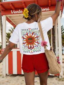 Short-Sleeved T-Shirt With Round Neck And Cartoon Print, Versatile For Everyday Use, Plus Size. - 白色 3 - 查看 4