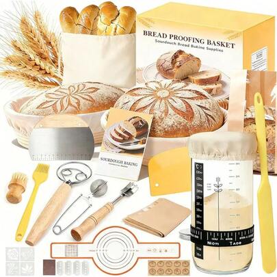 Complete Sourdough Starter Kit With Proofing Baskets, Jar, Tools & Gifts For Easy Baking