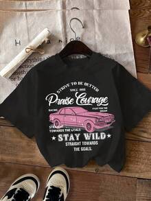 Women's Vintage Car Graphic Print T-Shirt - Short Sleeve, Crew Neck, Casual Style With Motivational Quotes, Retro Design In Black And Pink, Machine Washable, Regular Fit For Summer And Spring, Women's T-Shirts, Everyday Wear, Fun Text Design, Comfortable Fabric, Y2k T-Shirt - 黑色 - 查看 1