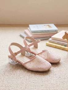 1 đôi sandal cao gót hở mũi mùa hè cho bé gái, màu hồng nhạt thời trang với khóa cài, sandal cao gót lưới đính sequin thêu bạc cho trẻ em, thích hợp cho tiệc sinh nhật, phối đồ, du lịch và dã ngoại. - Hồng - Xem 2