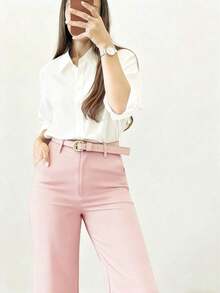 Pantalones casuales de pierna acampanada con diseño minimalista para mujer, adecuados para ir al trabajo, la oficina, uso diario, todo el año, color rosa primaveral - Rosa - Ver 3