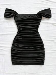 Vestido mini ajustado de punto rojo con hombros descubiertos para mujer, diseño con espalda calada, adecuado para vacaciones, citas, té de la tarde, temporada de bodas, playa, crucero, vacaciones en la ciudad, vacaciones bohemias, festivales de - Negro - Ver 2