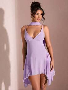 Vestido corto de gasa con escote en V profundo y cinta de color negro sólido, adecuado para citas diarias, salidas nocturnas, discotecas, fiestas, reuniones, fiestas de cóctel, monos de vacaciones, fiestas en la piscina, ropa de oficina, vestidos para ir y venir - Púrpura malva - Ver 4