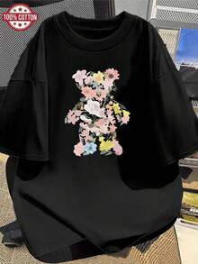 Women's T-Shirt With Fresh Floral Print, Short Sleeve, 100% Pure Cotton, Soft And Pleasant To The Touch, Breathable, Classic And Comfortable Round Neck, Machine Washable, Bear Print Composed Of Flowers, Fresh And Vibrant Style, Suitable For Leisure At Home / Weekend Picnics / Short Trips And Other Occasions. - 黑色 - 查看 7