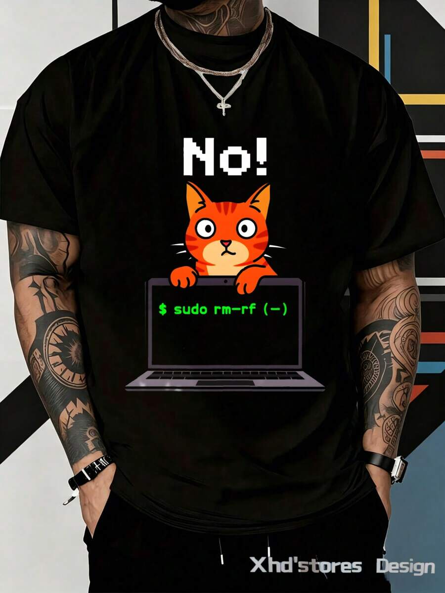 Camiseta de estilo casual con diseño gráfico divertido para hombre Camiseta de hombre con estampado de gato y comando de terminal No sudo rm rf Usar en verano o primavera Ideal para regalar a amantes de la tecnología y programación - Negro - Ver 1
