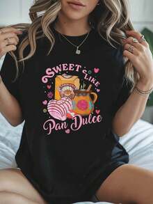 Camiseta de mujer con diseño de donut estilo español - Patrón de repostería española en rosa y amarillo, suave y transpirable, de manga corta y cuello redondo, ideal para uso diario, una opción de moda primaveral para amantes de la cultura española. Camisetas gráficas de verano para mujer, camiseta casual estampada de manga corta y cuello redondo, moda urbana local de primavera/verano. - Negro - Ver 8