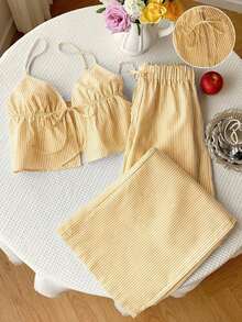 2 piezas Conjunto casual de vacaciones con rayas tejidas amarillas para mujer, /verano - Amarillo 2 - Ver 7