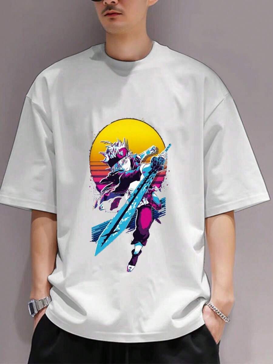 Camiseta Holgada para Hombre con Estampado de Anime - Camiseta Casual de Manga Corta y Cuello Redondo para Verano, Estilo Casual para Fiestas y Uso al Aire Libre, Imprescindible para Hombres con Estilo - Blanco - Ver 1