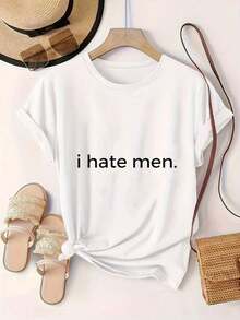 Camiseta Casual de Manga Corta para Mujer - Camiseta de Verano con Cuello Redondo "I Hate Men", Lavable a Máquina, Camisetas para Damas, Ropa Casual, Estilo Moderno, Ajuste Cómodo_x000D_ 
 Blanco - alta calidad - Blanco - Ver 2