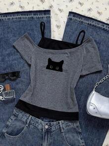 Camiseta de manga corta con estampado de gato negro asomándose en contraste de color, estilo casual y retro, adecuada para el verano - Multicolor 3 - Ver 10