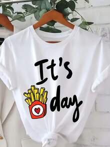 Camiseta Casual de Cuello Redondo para Mujer - Camiseta con Estampado "It'S Day" y Diseño de Papas Fritas, Top Negro de Manga Corta para Primavera/Verano/Otoño, Ropa Casual| Camiseta con Diseño Divertido| Camiseta Y2k de Tela Brillante - Blanco - Ver 10