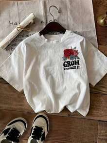 Camiseta Casual de Manga Corta para Mujer con Estampado de Rosas y Cuello Redondo - Blanco - Ver 6