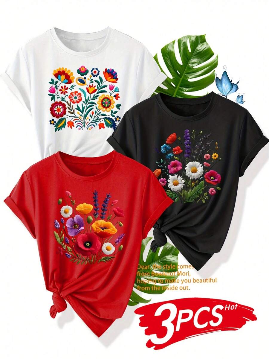 Serie de estampados florales botánicos creativos y vibrantes, pieza única, no es un conjunto de 3 piezas. Disponible para familiares, amigos y hermanas.Camiseta de verano para mujer, estilo vintage y a la moda, informal y deportiva, de cuello redondo y manga corta, disponible en varios colores. Camiseta holgada, casual y versátil. - Blanco - Ver 1