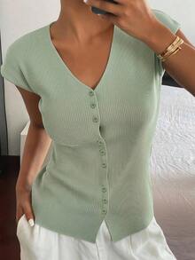 Cárdigan casual de verano para mujer, de unicolor, ajustado, de cuello en V, elástico y delgado - verde menta - Ver 5