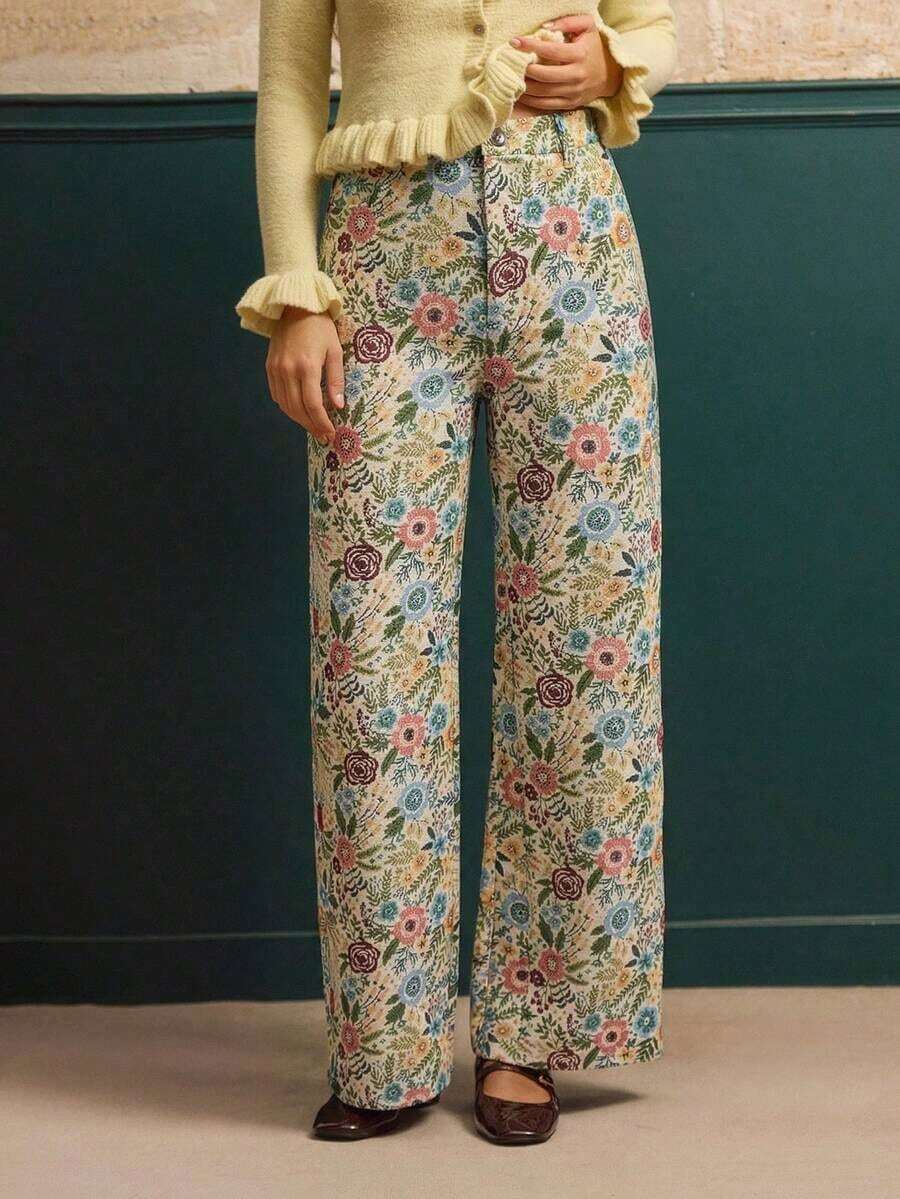 Pantalones anchos de cintura alta con estampado floral jacquard de estilo vintage para otoño e invierno - Multicolor - Ver 1