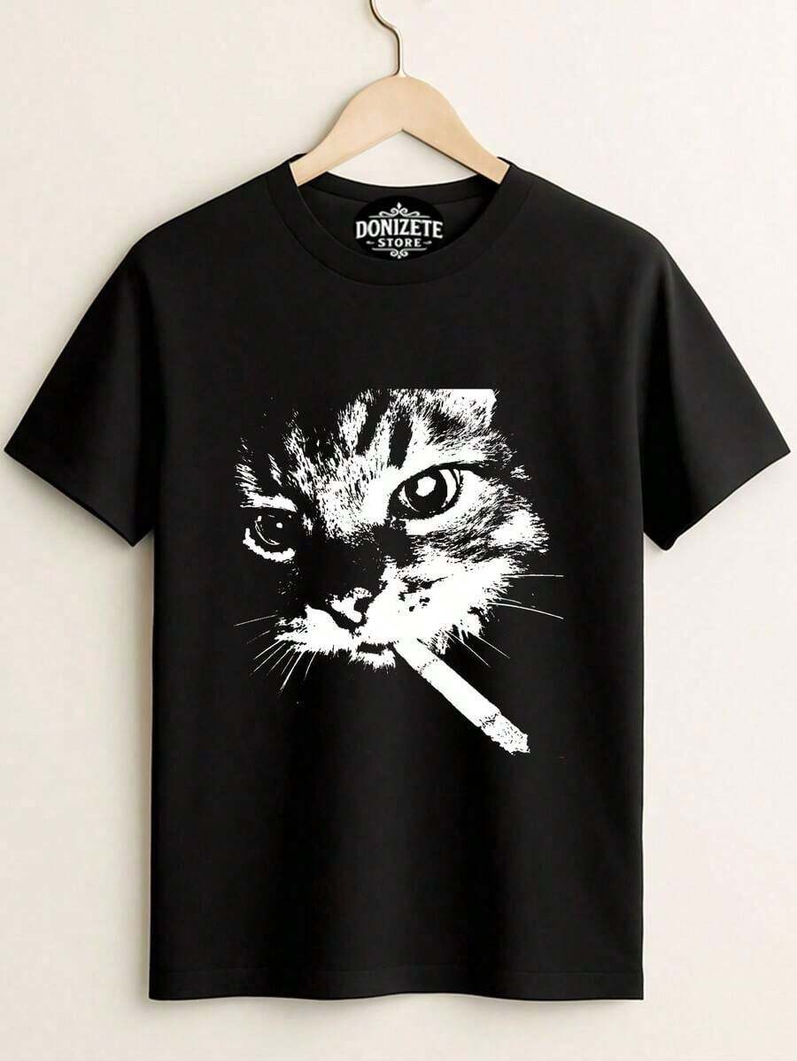 T-shirts de haute qualité, T-shirt imprimé chat fumeur mignon, 100% coton, unisexe, confortable, pour bar, table à bière - Noir - Voir 1