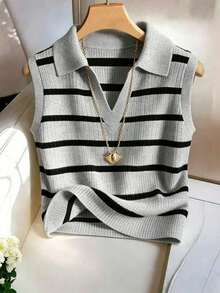 Camiseta de tirantes de punto con cuello y rayas elegante y casual para mujer - Gris - Ver 4