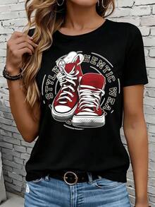 Women's Short-Sleeved T-Shirts In Black And White Are Suitable For Everyday Wear, Lounging At Home, And Outdoor Activities. Authentic Style, Graphic Tee Paired With Red Sneakers,  Casual Top For Women, Unisex Streetwear Design, Perfect Gift For Parties Or Holidays. - 黑色 - 查看 7