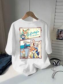 Disney Officially Authorized Ladies' T-Shirt-Zootopia Design Pattern Short-Sleeved Round Neck Casual Shirt, Suitable For Spring And Summer, Soft Breathable Fabric, Suitable For Theme Activities And Daily Wear, Plus Size Women's Unisex, Excellent Gift. - White - View 2