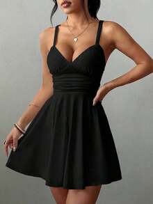 Vestido corto de punto sexy y elegante con escote en V, cintura fruncida y tirantes finos para mujer - Negro - Ver 4