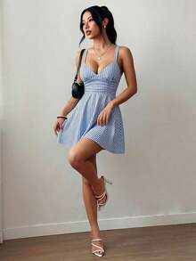 Vestido corto de punto sexy y elegante con escote en V, cintura fruncida y tirantes finos para mujer - Azul 2 - Ver 3