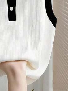 Parte superior sin mangas de contraste de color versátil casual para mujer, top blanco y negro, blusas de verano para mujer, blusas lindas y preppy, top de punto de verano sin mangas, camisa polo de punto para mujer, blusas de punto de verano par - Blanco y Negro - Ver 4
