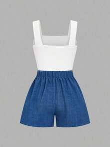 Conjunto casual de vacaciones para mujer de 2 piezas con top ajustado de tirantes cuadrado en color marrón y shorts de pierna ancha elásticos en la cintura en color blanco, diseño de moda francés elegante primavera/verano 2026 - Multicolor 3 - Ver 4
