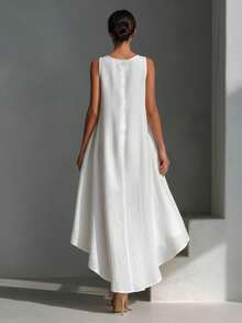 Women's Linen Asymmetrical Dress Sleeveless High Low Hem Beach Dress, Breathable Summer Casual Midi Dress For Vacation, Spring And Summer Outfits For Women - 黃色 - 查看 4
