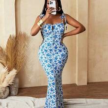BamGlam Women Floral Print Bodycon Sexy Fashion Elegant Party Vacation Festival Summer Dress - Azul - Ver 6