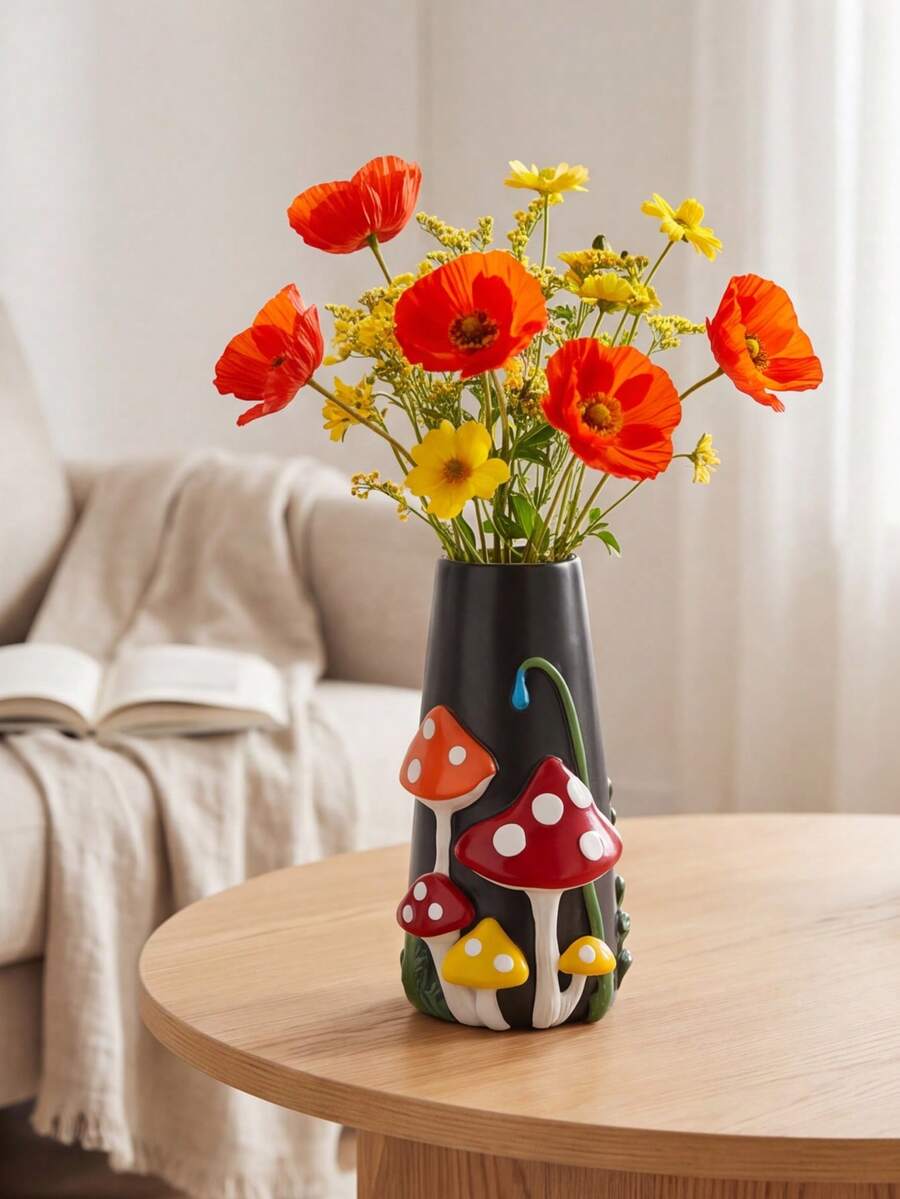 1Pc 3D Mushroom Relief Resin Vase Set - Cute Cottagecore Flower Vase For Living Room & Desk, Home Decor Accent | Home Decor, Room Decor, Boho Decor, Desk Decor, Cute Collectible, Unique Gift, Table Centerpiece, Housewarming Gift - New Model - View 1