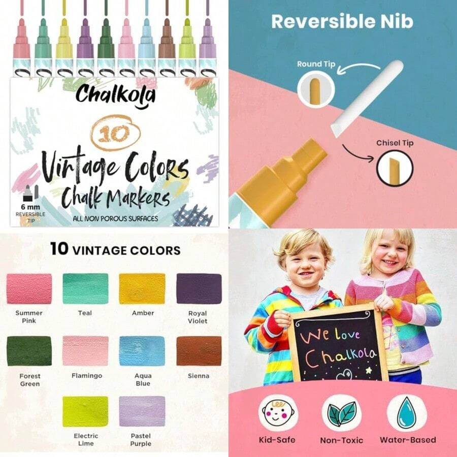 Liquid Chalk Markers for Chalkboard, Blackboards, Window, Bistro 10 Vintage Colours - Bold Dry Erase Marker Pens 6mm Reversible Bold and Chisel Nib - Estilo vintage - Ver 1